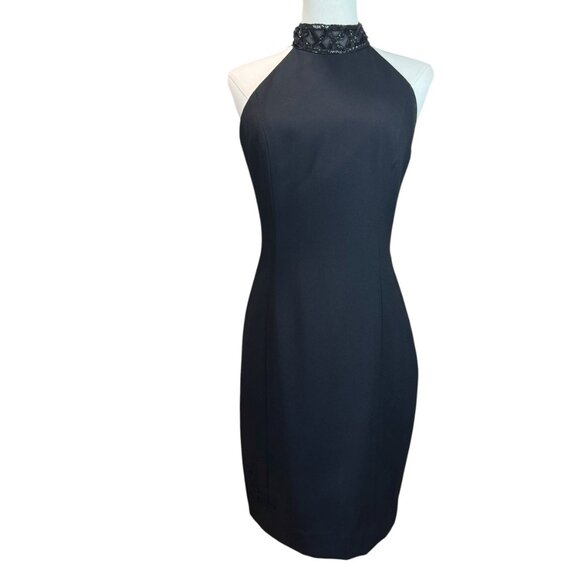 AJ Bari Vintage 90s Black Beaded Halter Cocktail Dress Women’s Size 6. LBD - Picture 1 of 9
